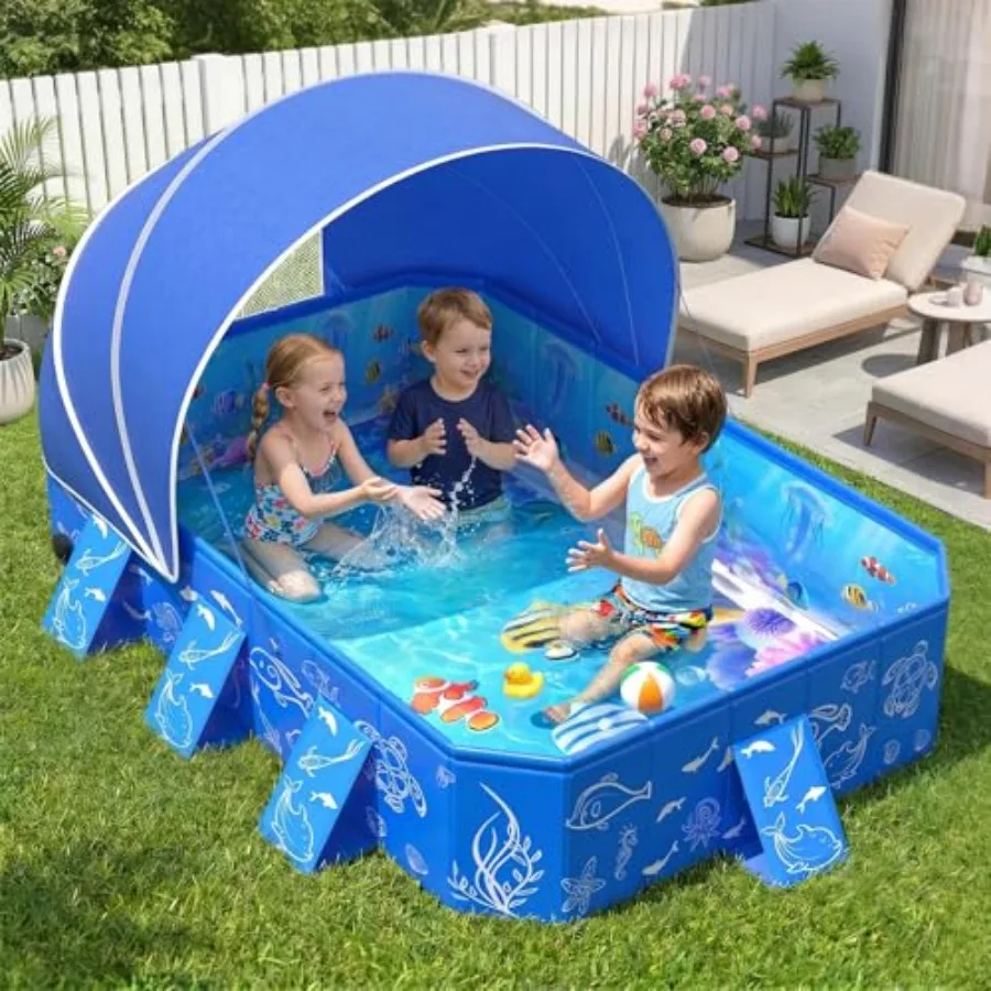 Outdoor pop-up kiddie pool with canopy for backyard use, durable PVC material, blue color, non-inflatable and foldable design w