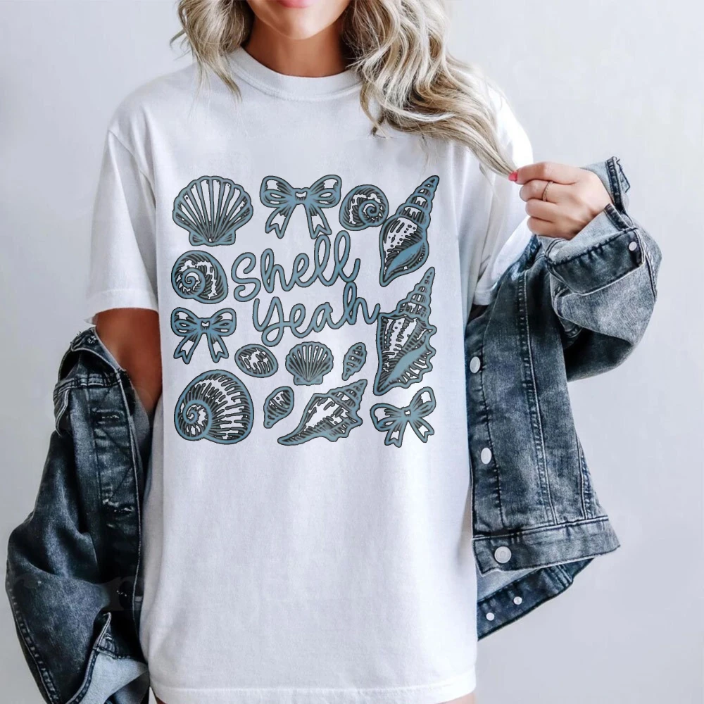 Shell Yeah Seashell Bow Women T-Shirt Summer Beach Gift for Her Tshirt Casual Daily Life Vacation Clothing Cotton Short Sleeve