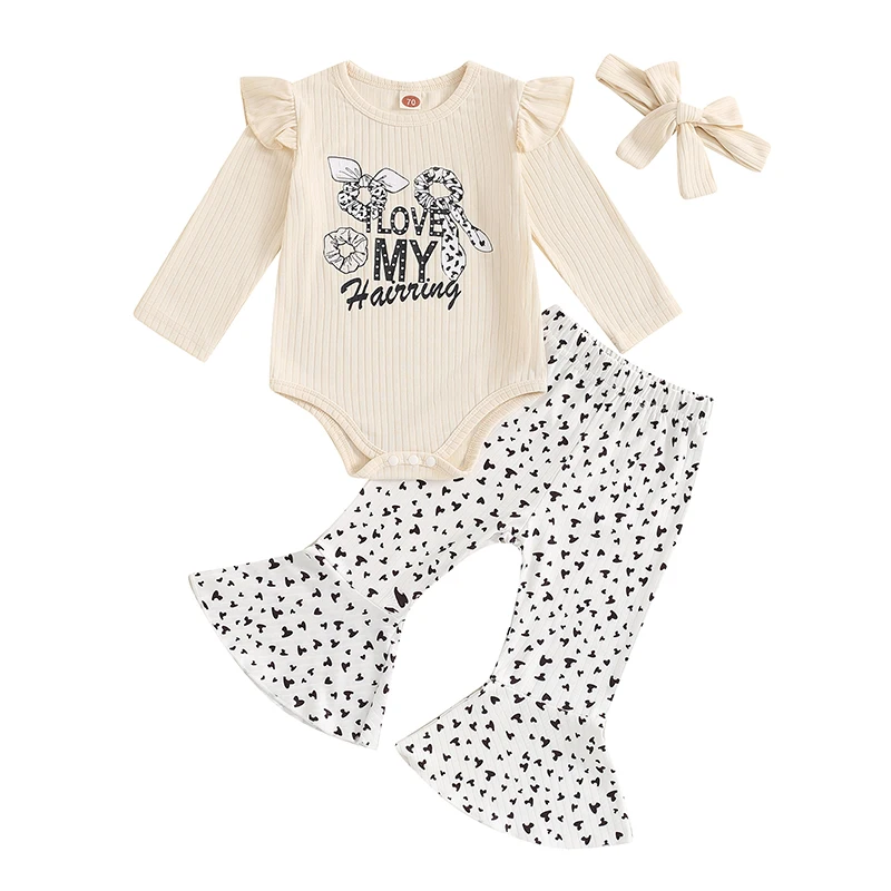 

Baby Girl Fall Clothes Letter Print Ribbed Long Sleeve Romper Floral Flare Pants Headband 3Pcs Outfits 0-18M