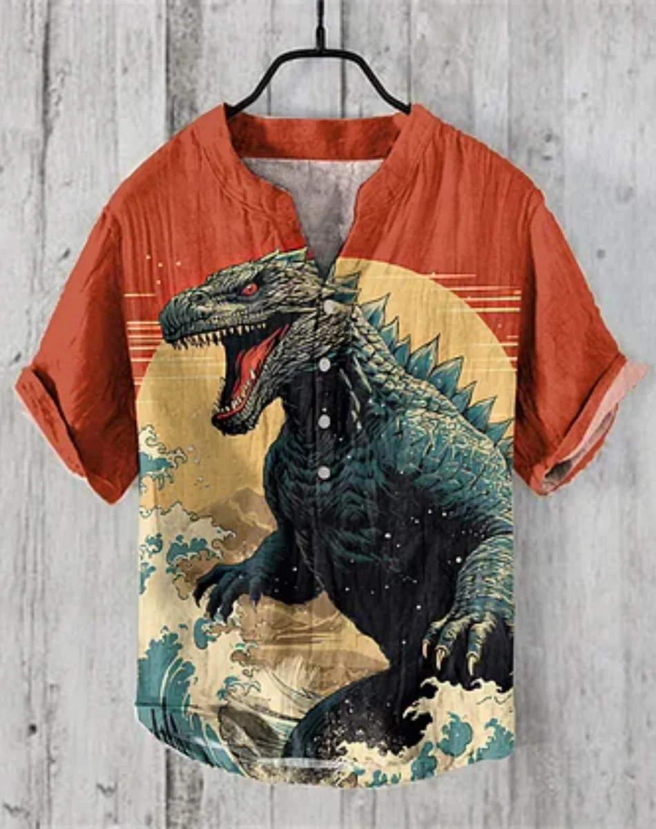 メンズシャツエスニックスタイル 3D 印刷メンズファッションプラスサイズボタンスタンドカラー半袖シャツ紳士服ハワイファスト d