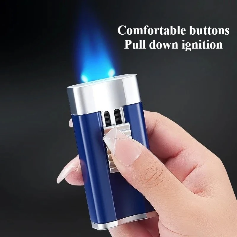 

Металлическая газовая турбинная зажигалка с синим пламенем, ветрозащитная, портативная, для сигар, элитный мужской подарок, аксессуар для сигарет