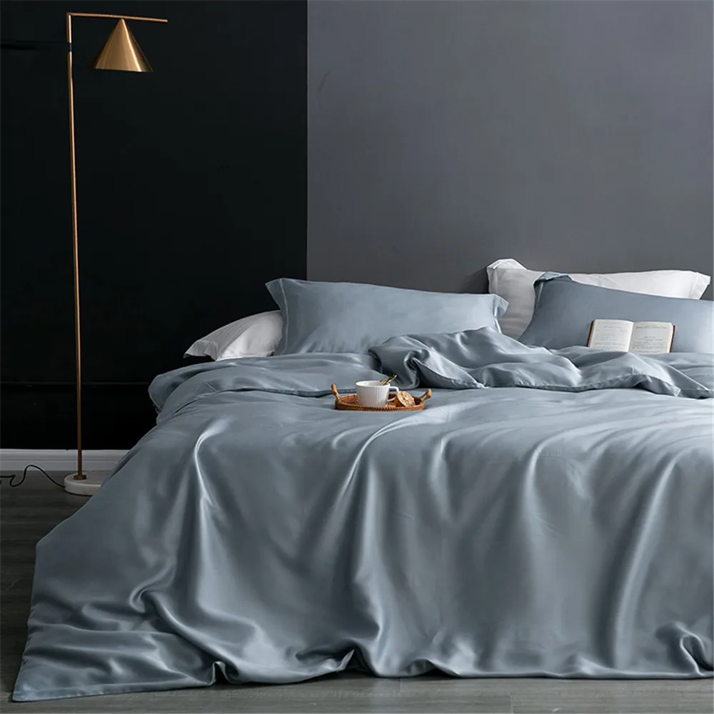 Solid 4pcs Silk Bedding Set with Duvet Cover Fitted/Flat Bed Sheet Pillowcase Bedspreads and Coverlets Single Double Bedsheet
