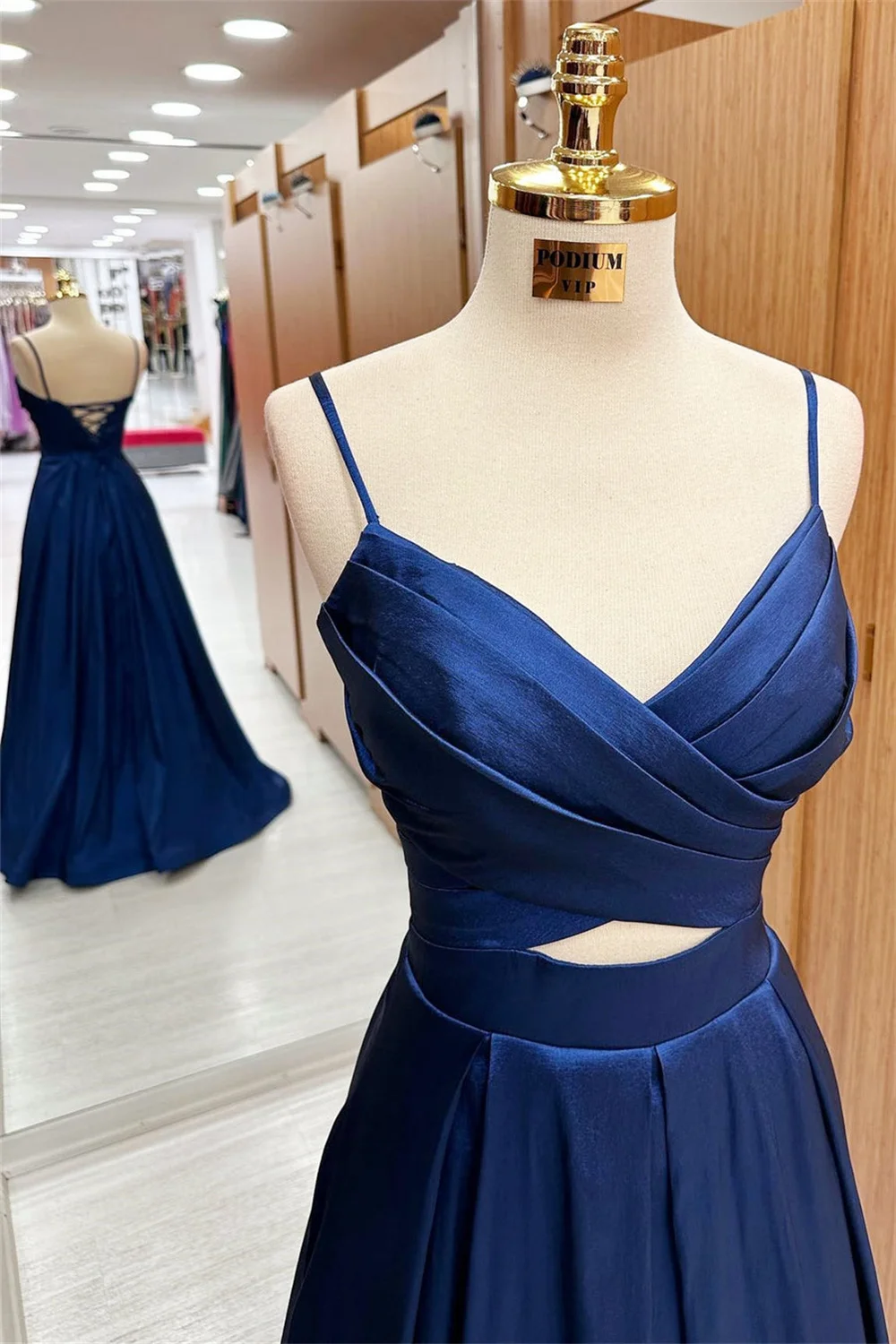 Amanda Navy Blue V-neck Prom Gown Elegant Sleeveless Spaghetti Strap Evening Formal Floor-Length Party Dress for Women 2024