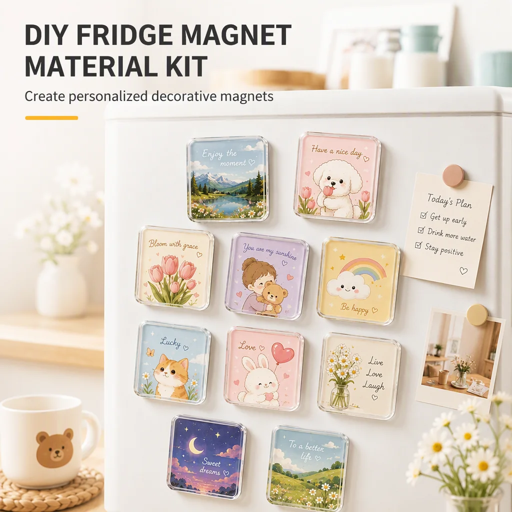 5~30Set DIY Fridge Magnet Craft Set Square Clear Acrylic Magnetic Set with Adhesive DIY Family Gifts Home Kitchen Decoration