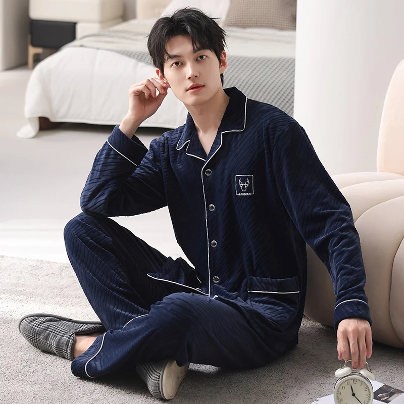 

Big Size M-4XL Winter Men Flannel Sleepwear Male Turn-down Collar Thick Warm Pijamas