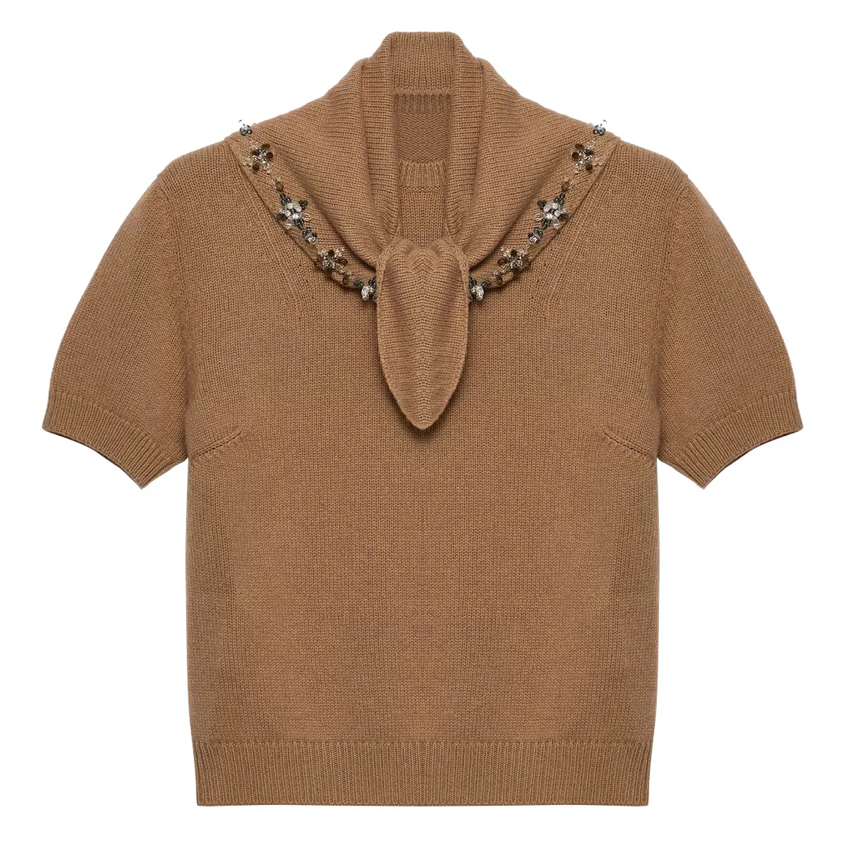 Heavy Industry Nail Bead Embroidered Scarf Coffee Color Elastic Short Sleeve Knitted Shirt #T2647