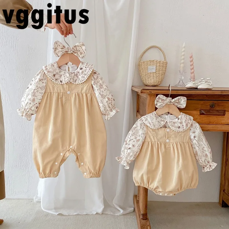 New Spring Autumn Family Matching Outfits Puff Long Sleeve Bodysuit Floral Shirts Princess Romper Twins Sisters Clothing H7753