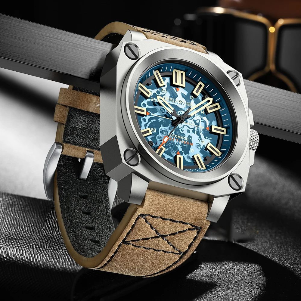 FeelNever Creative Skeleton Luxury Mechanical Watch Casual Sport Military Leather Strap Automatic Men\'s Watches Waterproof Clock