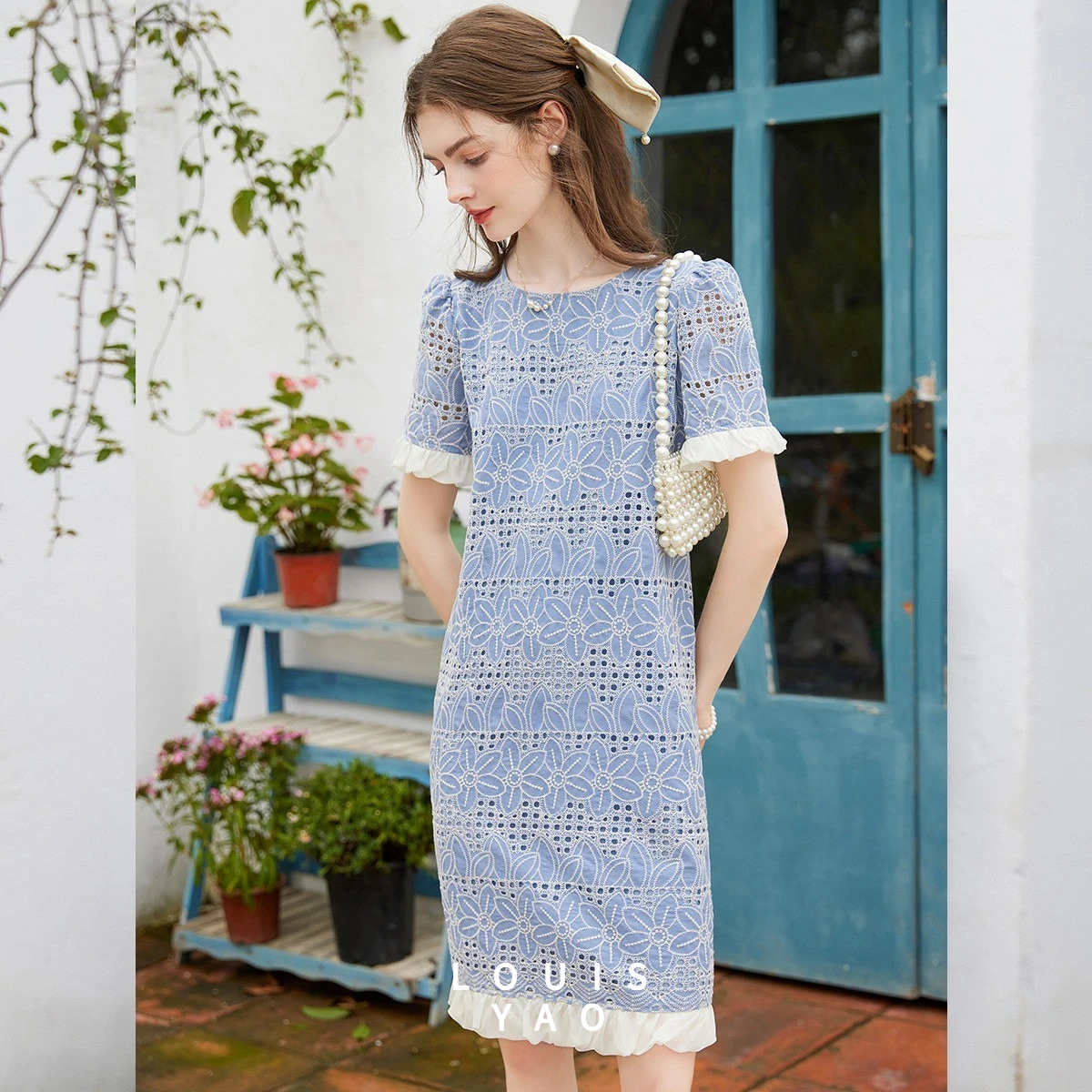 

Женское платье миди LOUISYAO 2026: летнее, с контрастным подолом, круглым вырезом, коротким рукавом, неэластичное, повседневное