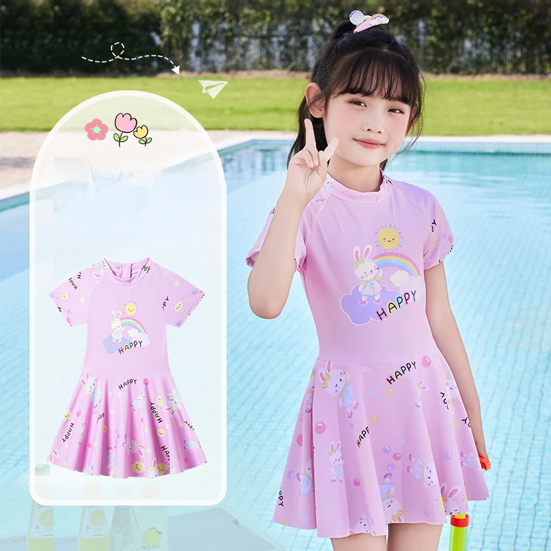 

Cartoon Swimsuit for Kids, Long Ears, Rainbow Rabbit, One-piece Swim Dress, Pink, 4-12 Years Old, New, 2024