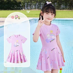Cartoon Swimsuit for Kids, Long Ears, Rainbow Rabbit, One-piece Swim Dress, Pink, 4-12 Years Old, New, 2024