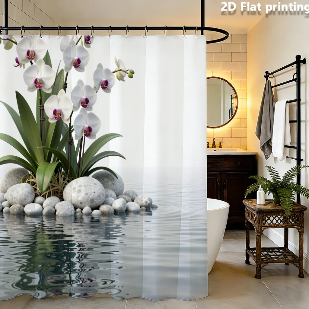 White Orchid Spa Shower Curtain, Light Pebble Water Reflection Leaf Bloom Print Waterproof Bath Curtain Calm Zen Bathroom Decor