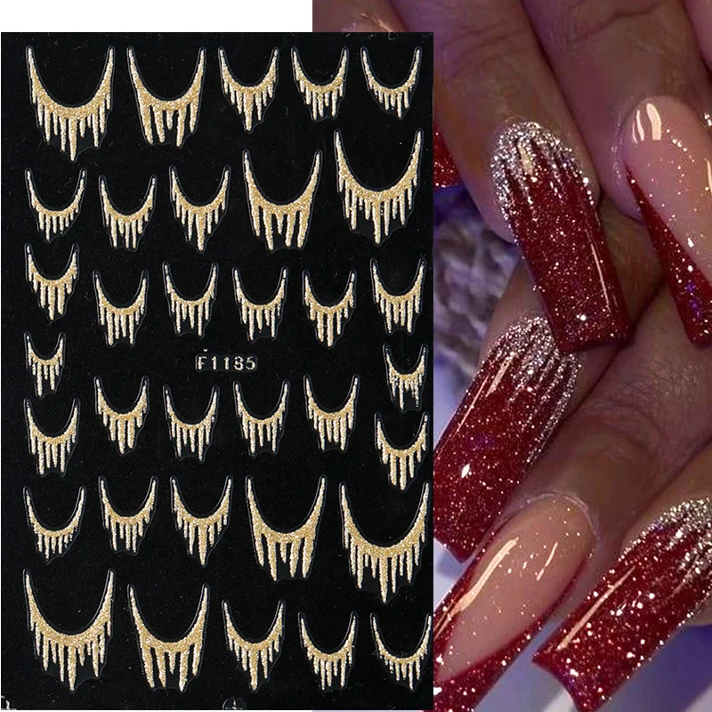 Reflektierende glitzernde französische Nagelkunst-Aufkleber, glitzernde Gold-Silber-Quastenlinie, geometrische Gitter, selbstklebende Schieber, Abziehbilder, DIY-Maniküre – Detail 5