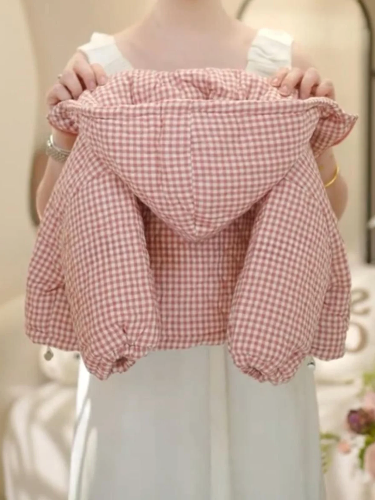 

Sweet Fce Lined Thiened с капюшоном в клетку, хлопковая куртка для девочек, зимняя верхняя одежда, корейская длинная застежка-молния