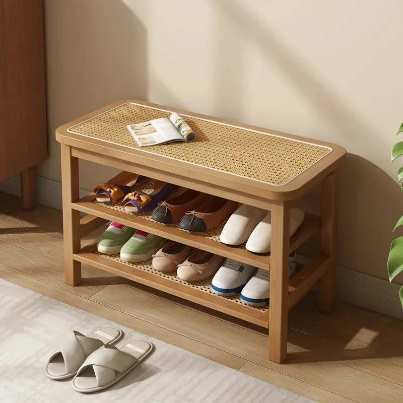 

Solid Wood Shoe Changing Stool Household Entry Shoe Stool Rattan Woven Stool Entrance Shoe Rack