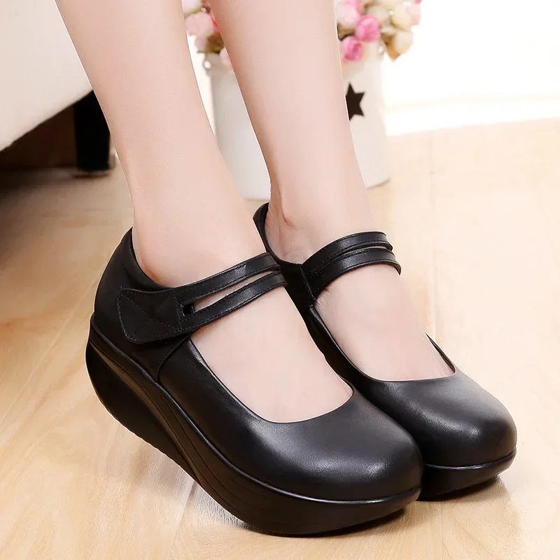 5.5cm Small Plus Size 33-43 Comfortable Leather Shoes Women Mary Janes 2024 Thick Bottom Platform Wedges Shoes Mom Office Dance