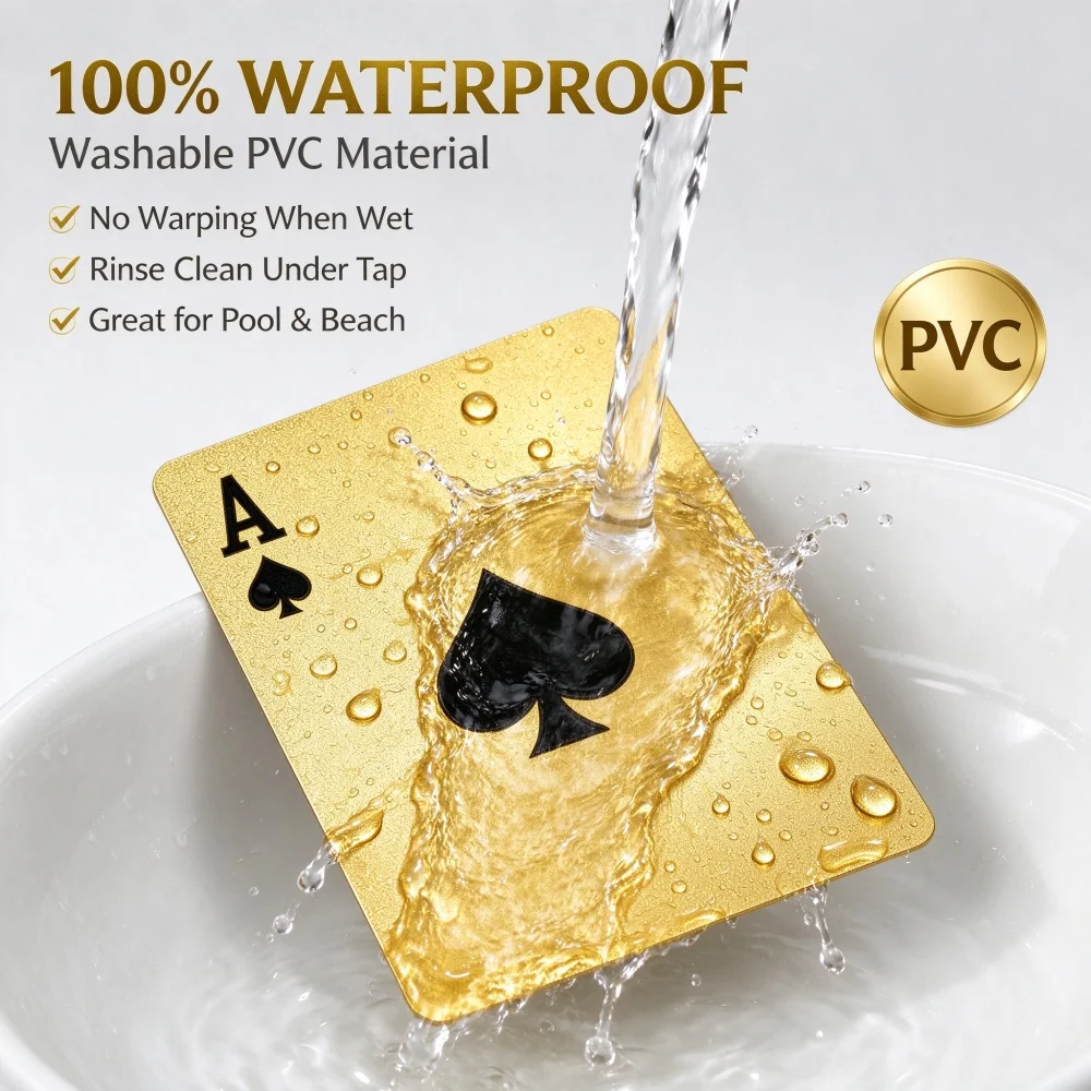 Golden Playing Cards Pvc Plastic Waterproof Washable Gold Foil Poker Texas Hold'Em Club Game Cards High-End Gold Foil Playing Cards Waterproof Plastic Cards Flexible and Bendable Adult Party Magic Poker Gift