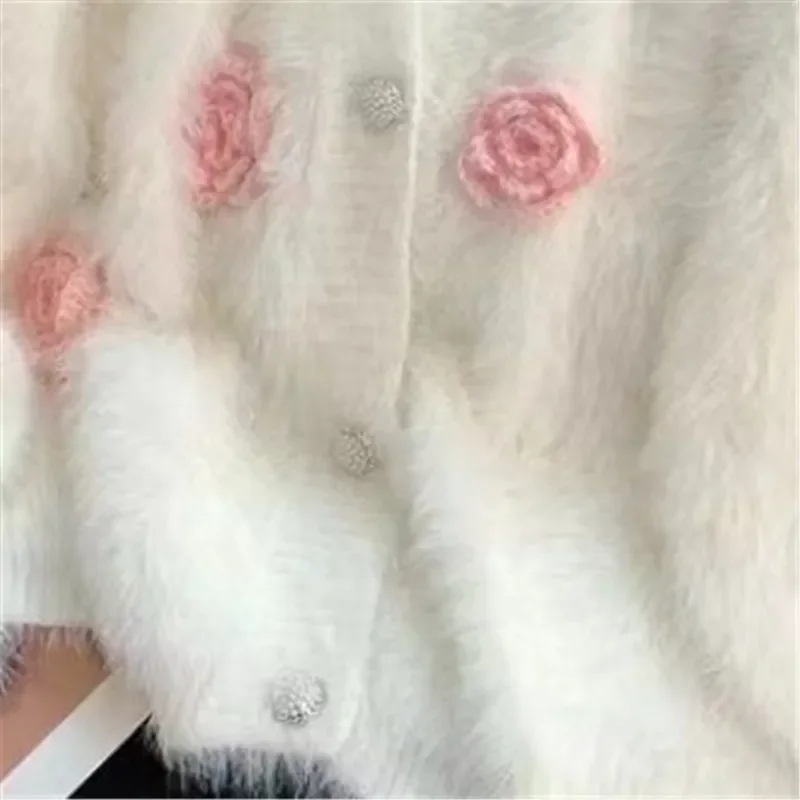 แฟชั่น 3D ดอกไม้ Jacquard ถักเสื้อสเวตเตอร์ถักผู้หญิง Soft Mink เสื้อกันหนาวเพชรปุ่มสตรี Mohair เสื้อถัก