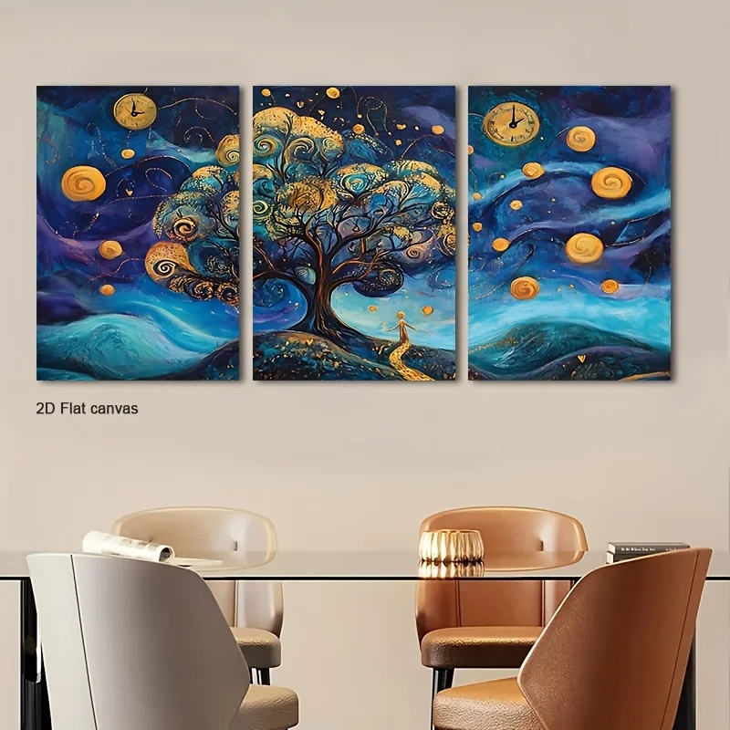 Frameless canvas 3pcs  Modern Minimalist Whirlwind Tree & Floating Clock Wall Art - Neutral / Wrapped Canvas Paintings,  Deco