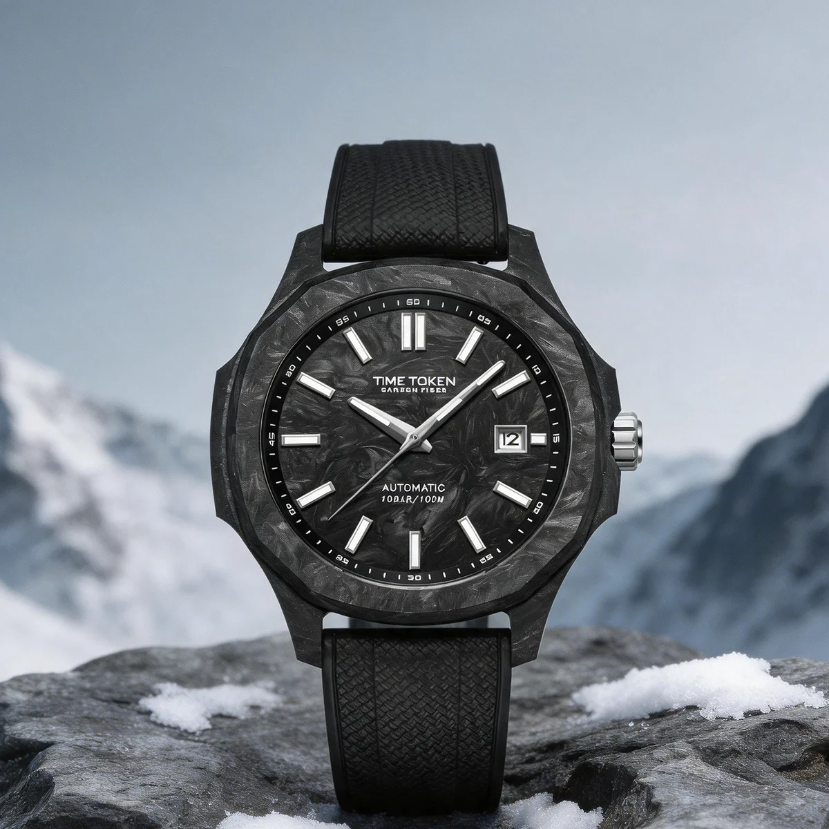 TIME TOKEN Men Sport Automatic Watch Forged Carbon Fiber Case 10Bar Waterproof Luminous Diving Mens Mechanical Wristwatch T586