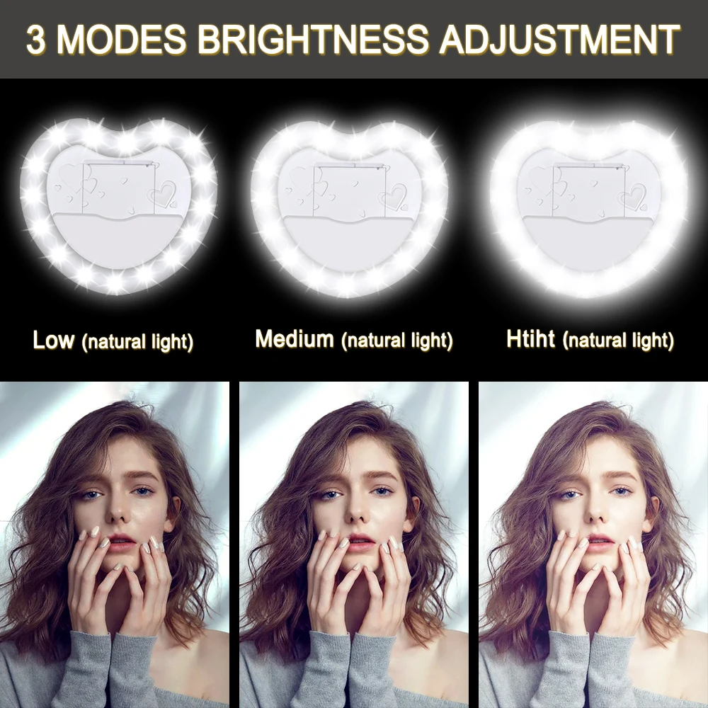 23 LEDs Heart-shaped Fill Light with Mini Mirror 250mAh Battery Dimmable USB Rechargeable Portable Mobile Phone Holder Clip Lens