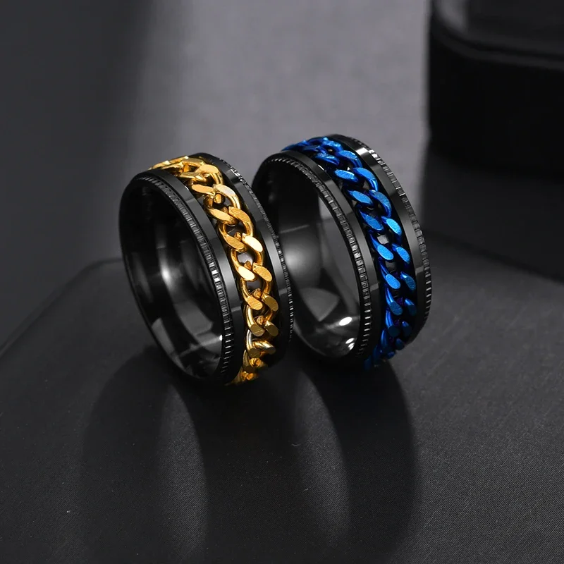 Punk 8mm Spinner Chain Men Rotatable Ring Black Blue Stainless Steel Rotatable Cool Jewelry Party Gift 2022 New Style Rotatable