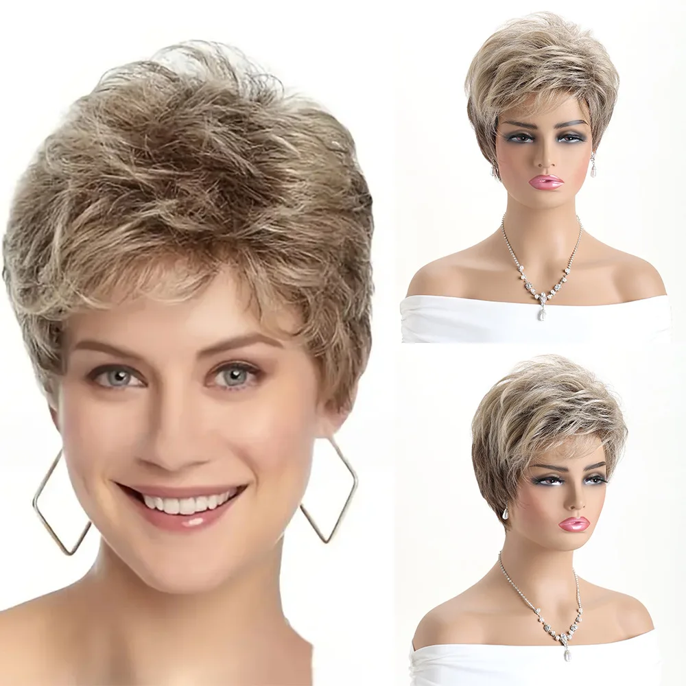 Synthetic Short Blonde Mixed Curly Wig with Side Bangs Fluffy Fashion Style for Women Cosplay Party Daily Wear