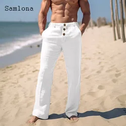 Pantalones elegantes de lino y algodón para hombre, pantalón de chándal informal con tres botones, longitud completa, color blanco sólido, talla grande, 2024