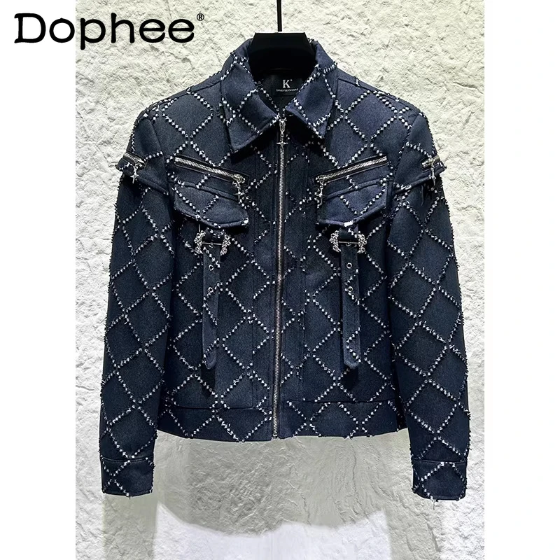 

Chic Zipper Denim Jackets Men 2026 Spring New Trendy Lapel Jackets Male Handsome Long Sleeve Multi Zipper Decoration Denim Coats