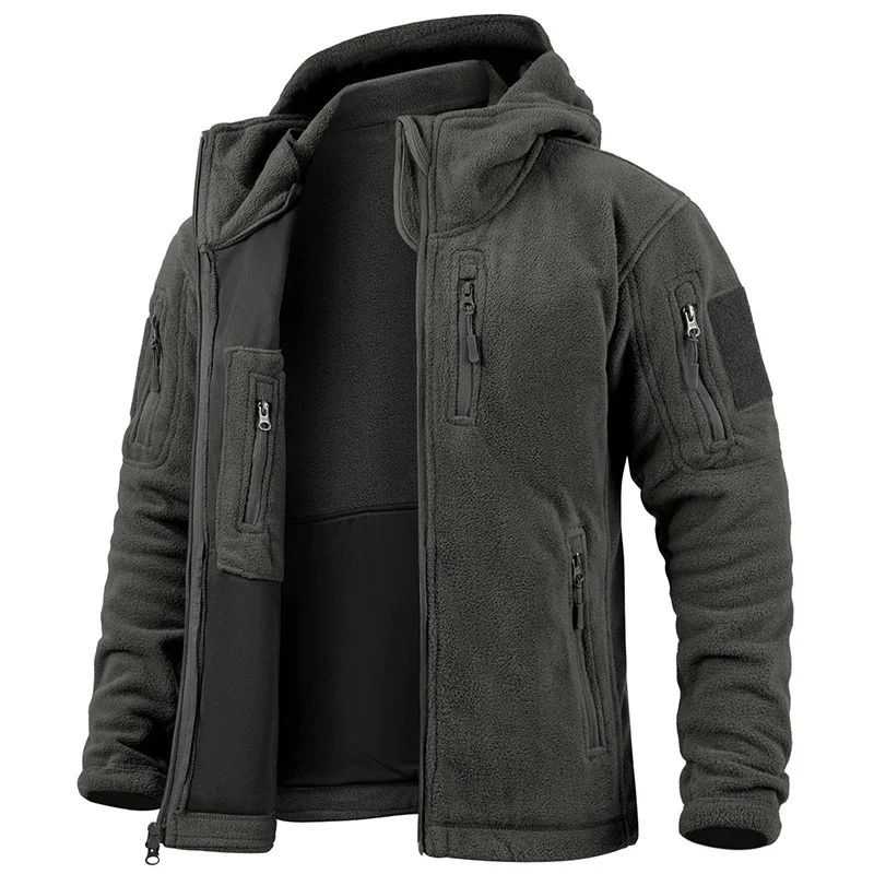 Men's Hunting Fleece Jacket Hiking Hunting Outdoor Fleece  Tactical Jacket Winter Warm Full Zip Military Hoodies Multi-Pockets