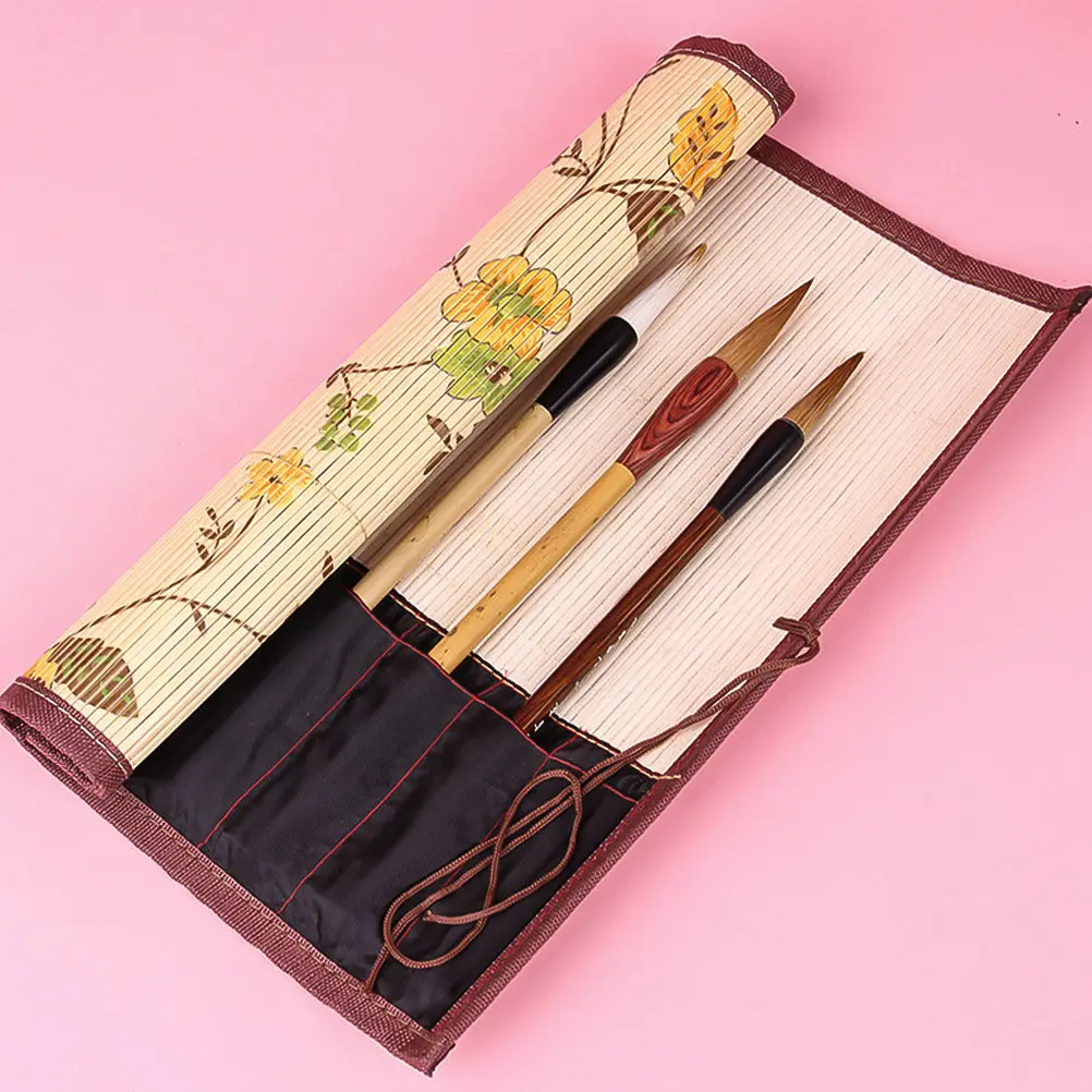 Bamboo Brush Pen Roll Wrap Large Capacity Pencil Bag Durable Art Supplies Storage Pouch for Drawing Tools Brush Pen Roll Wrap