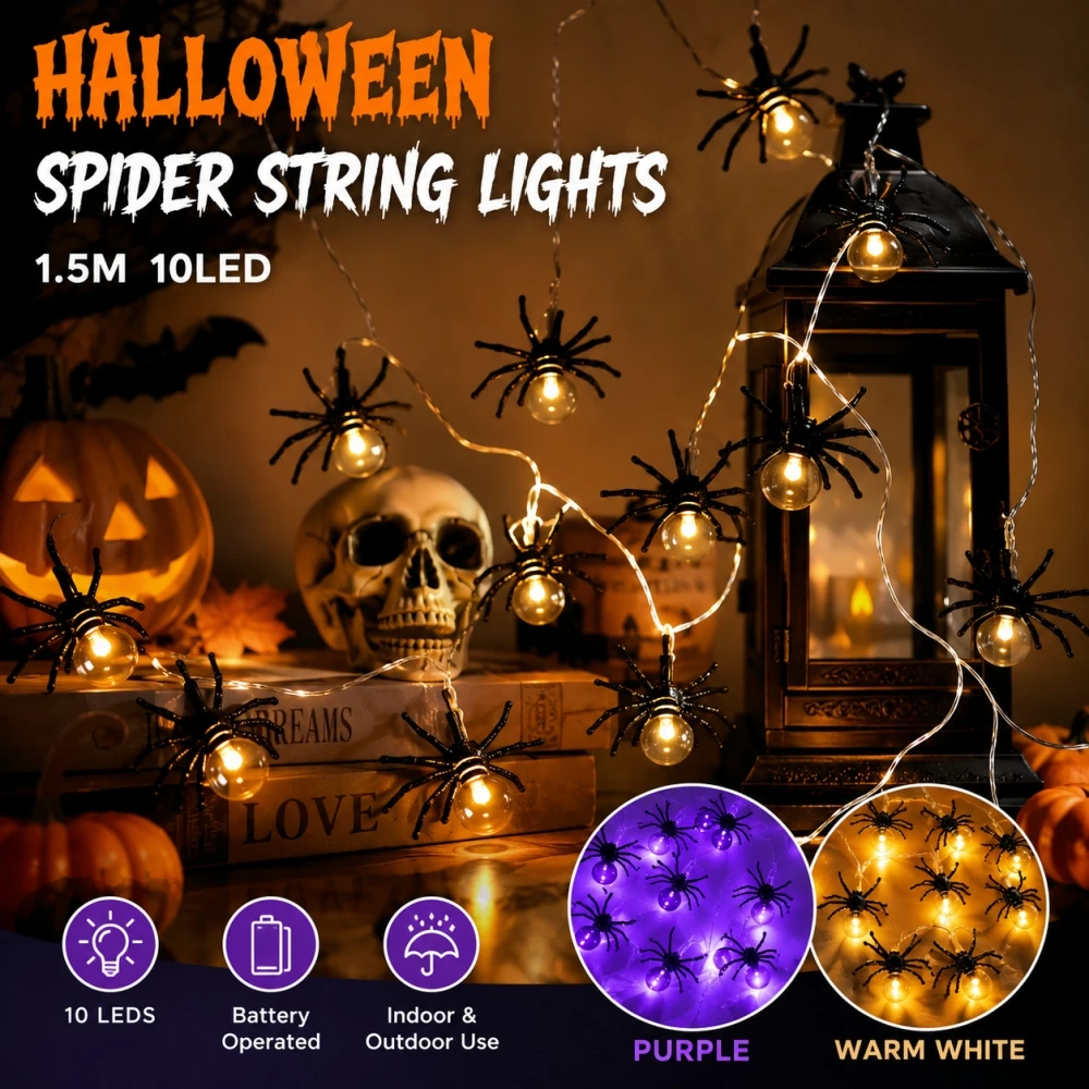 10LED Halloween Spider String Lights 59.06in Battery Operated Purple Warm White Fairy Lights for Haunted House Party Room Decor
