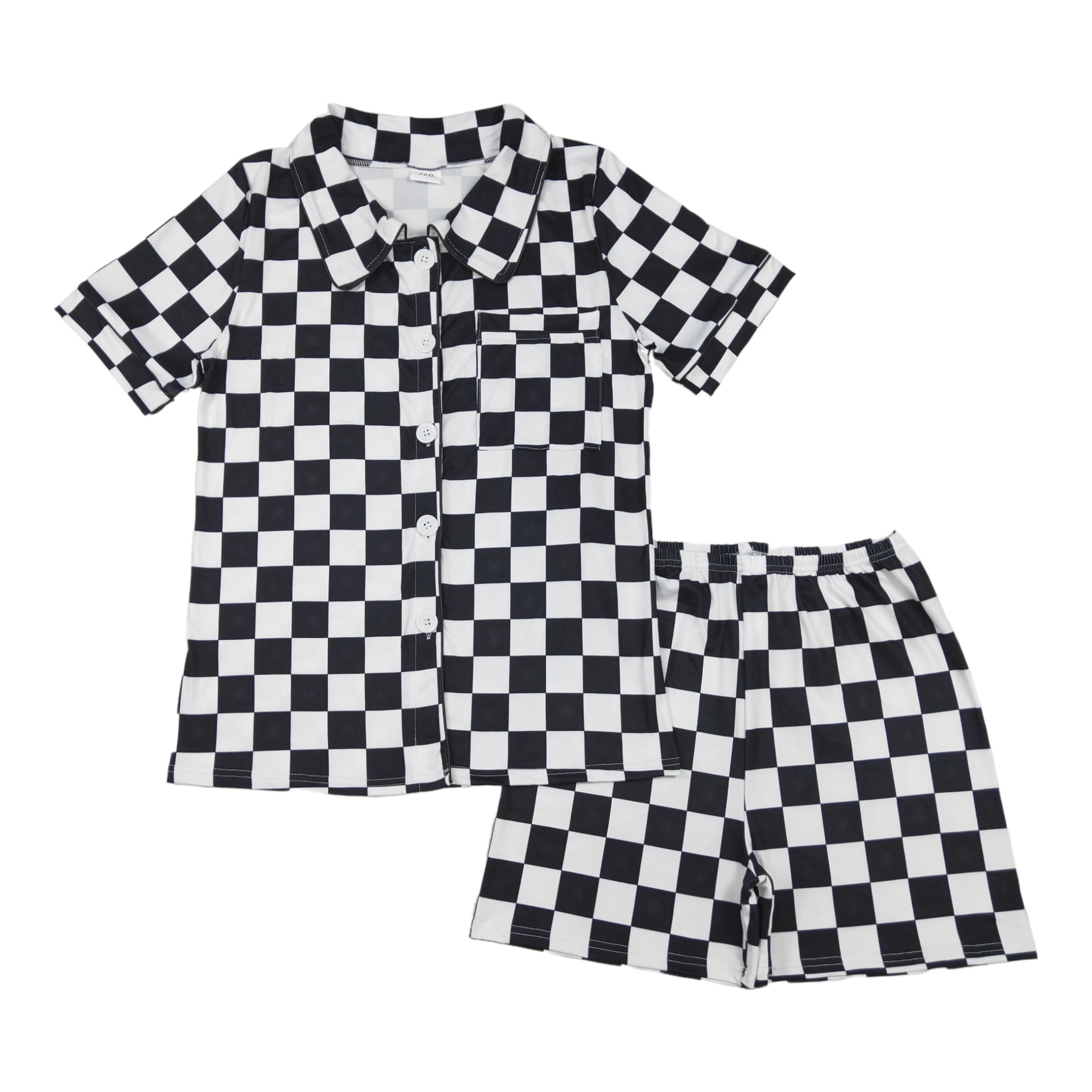 Wholesale Adult Pajamas Summer Outfit Women Black White Checked Nightclothes Short Sleeves Pocket Button Up Sleepwear Set Shorts