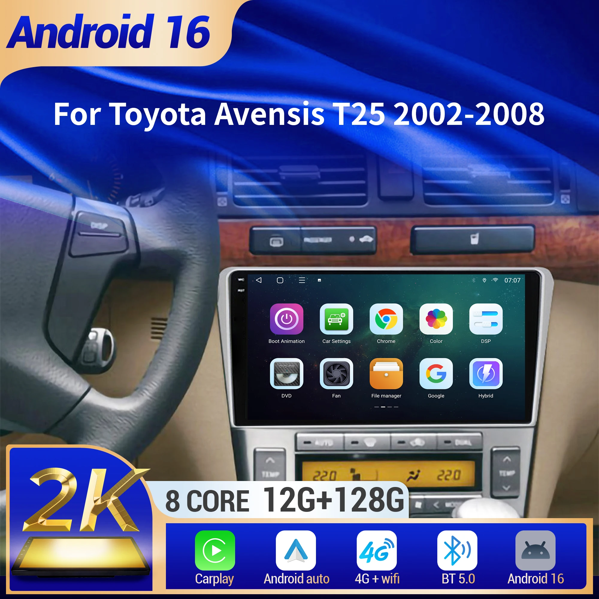 9" For Toyota Avensis T25 2002-2008 Car Multimedia Radio Android 16 System BT Carplay Android Auto 2K QLED Screen 4G GPS 5G WIFI