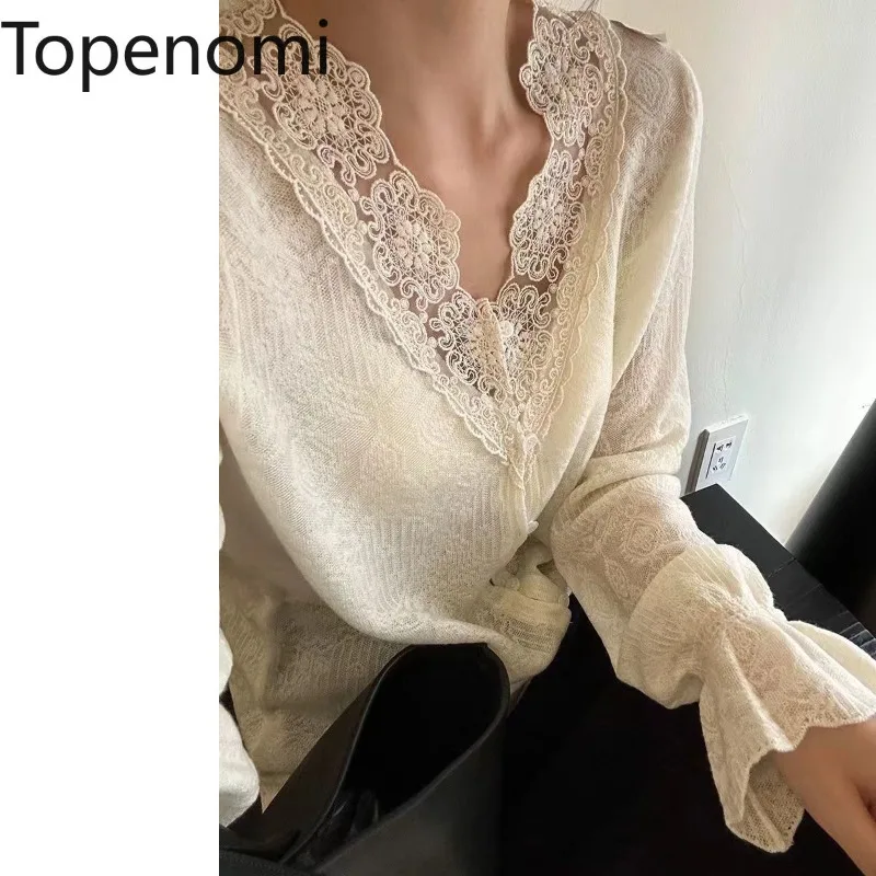 Topenomi Lace V Neck Knitted Cardigan Women Spring Autumn Gentle Solid Long Sleeve Sweater Coat Transparent Design Ladies Tops