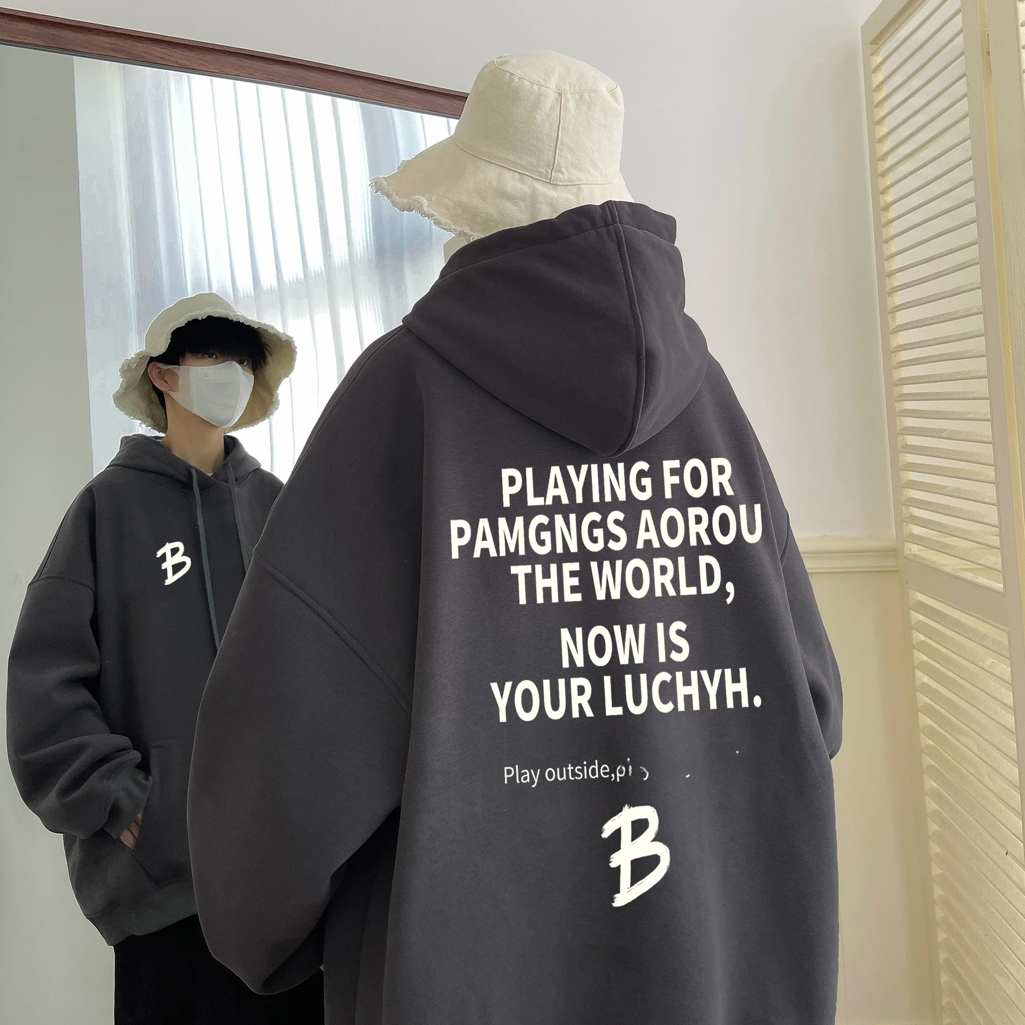 

Thiened Hoodie Sweatirt Men's Spring Autumn Loose Letter Print Fce Lined Winter Outerwear Casual Youth Faion