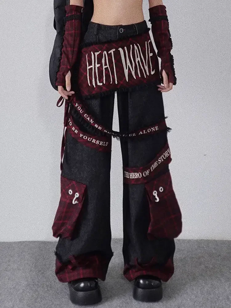 Embroidered patchwork red checkered multi pocket jeans with high waist and slimming effect floor length pants baggy jeans women