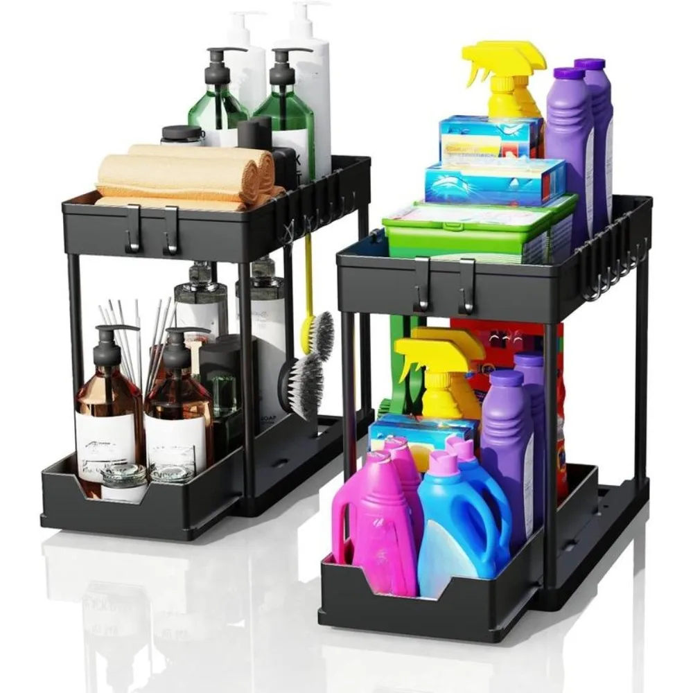 

2 Pack Under Sink Organizers and Storage, with Hooks, Multi-Purpose Under Sink Organizers and Storage for Bathroom Kitchen