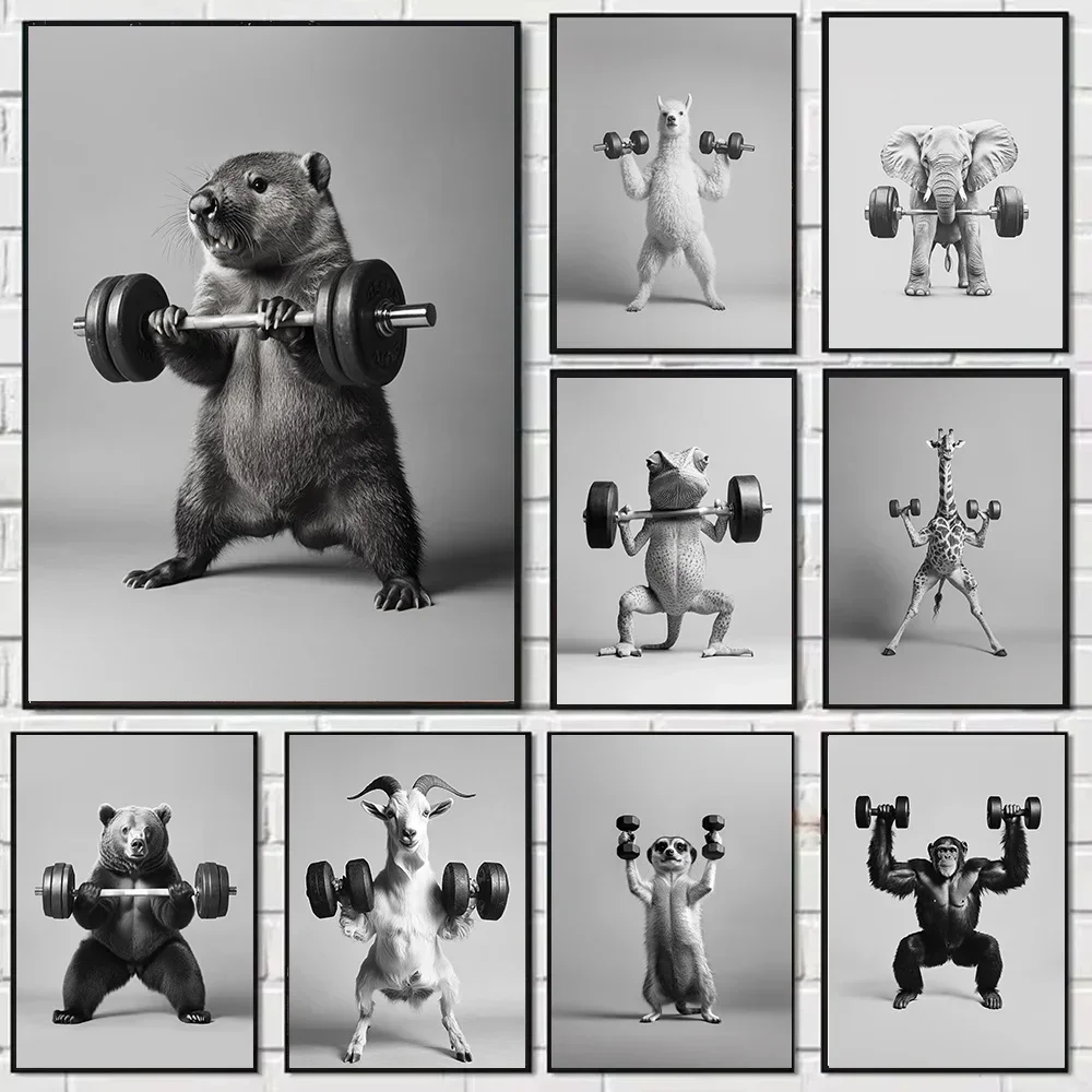 Funny Animal Fitness Poster Bear Beaver Goat Lifting Barbell Kicking Ball Canvas Painting Home Room Deco
