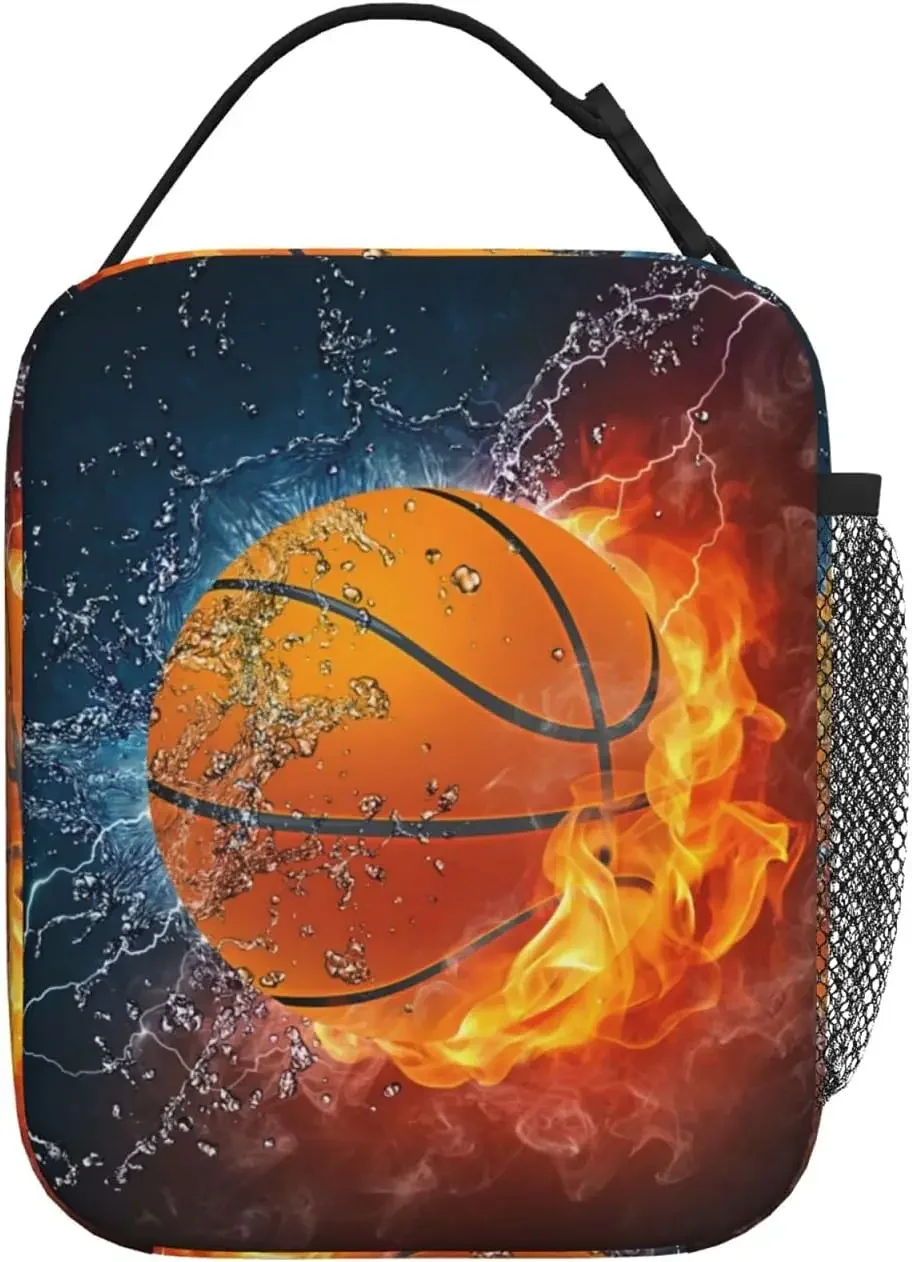 Fire and Water Basketball Lunch Bag Insulated Lunch Box Cooler Tote with Shoulder Strap for Boys Girls Women Men