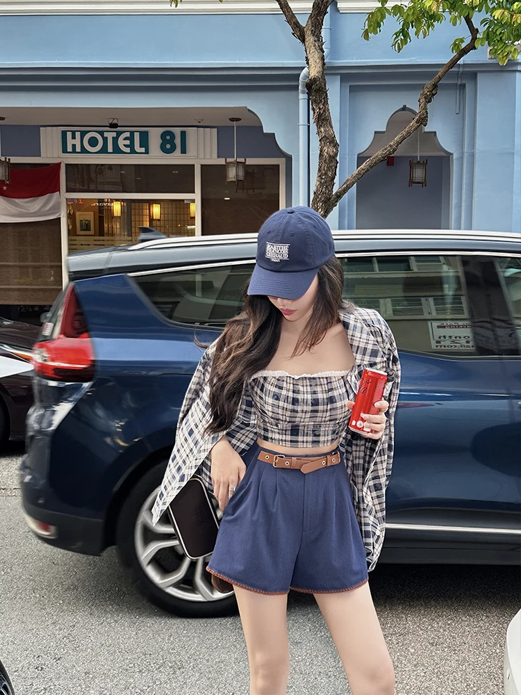 

ZQ Pure Cotton Plaid Long Sve Women's irt Lace Patchwork ter Top Set Spring New Sle High Densi Cotton Casual irt