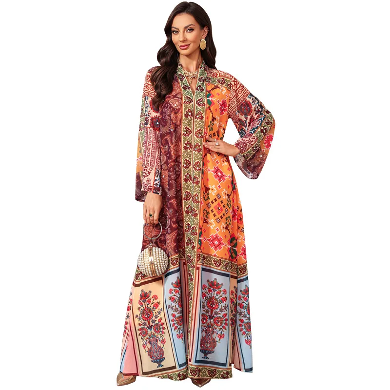 Abaja Damska Sukienka na Eid Muzułmańska z Nadrukiem Diamentowa Dubaj Turcja Długa Sukienka Vestidos Largos Ramadan Maroko Kaftan do Modlitwy Szata Abaje