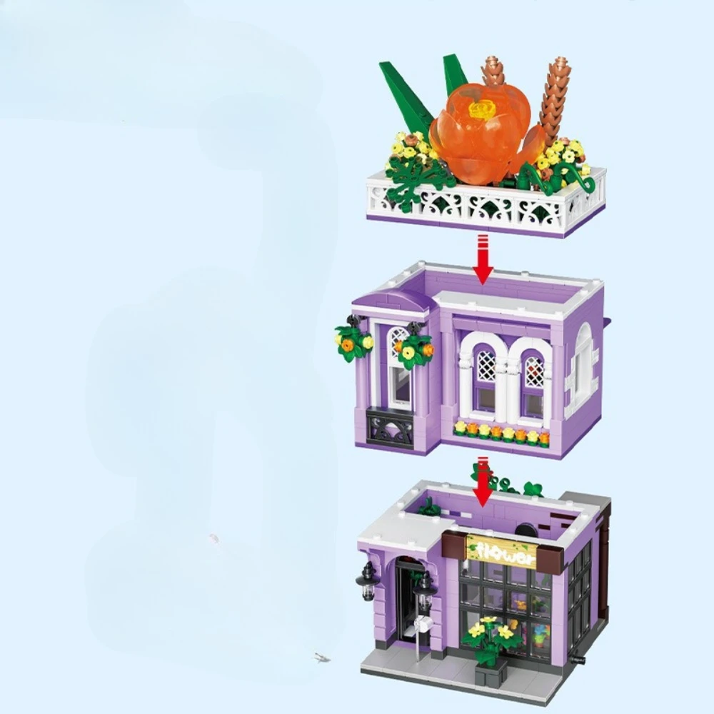 MOC 농업 차량 상점 꽃 카트 상점 블록 세트 쇼핑 상점 집 DIY 장난감 어린이 생일 휴일 선물