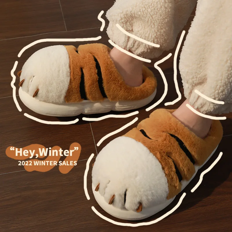 

Winter Warm Slipper Women Home Fuzzy Cat Tiger Paw Claw Fur Plush Indoor Lazy man Thermal Furry House Shoe Funny Flat flip flop