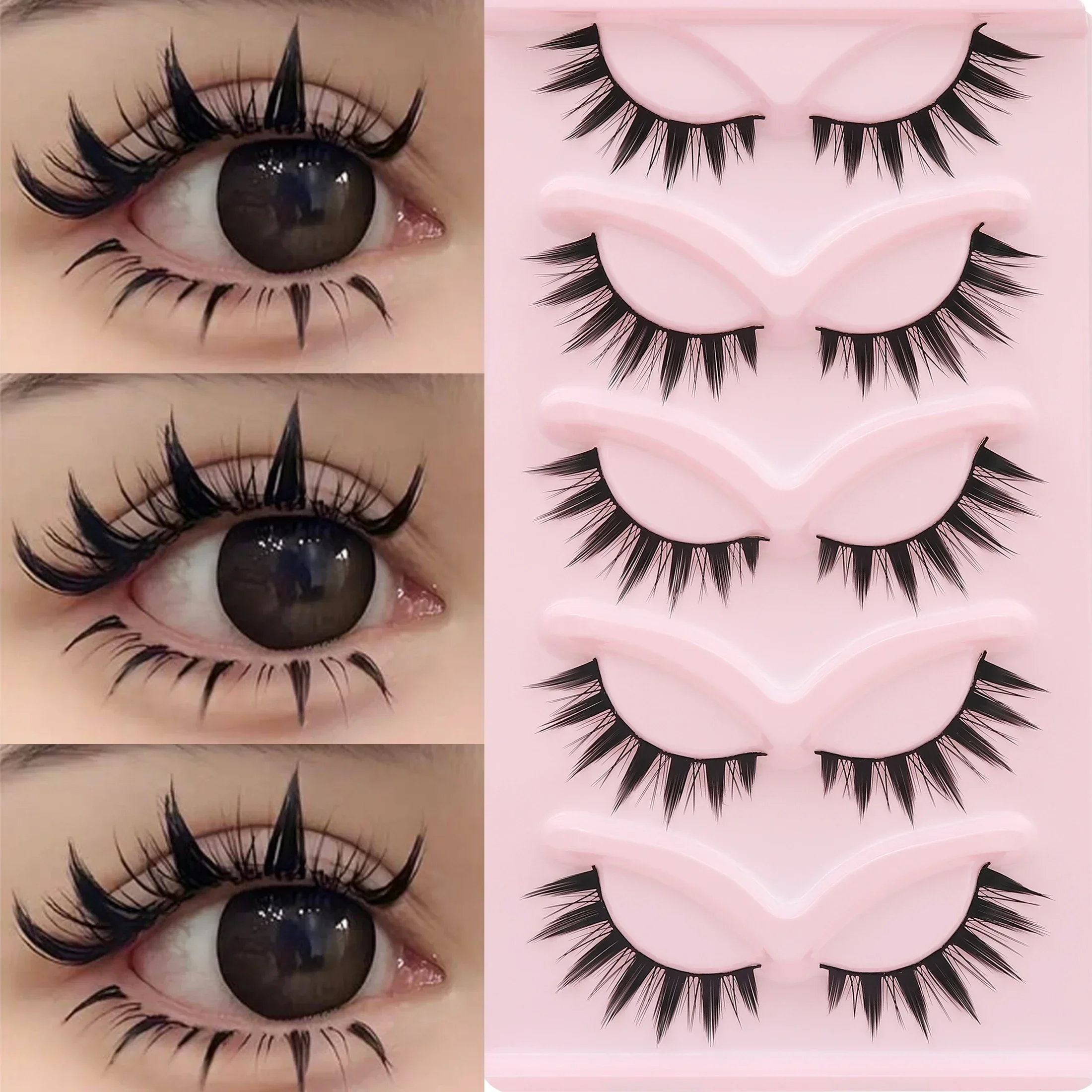 5 Pairs Spiky Fox Eye Strip False Eyelashes Wispy Criss‑Cross Long Tail Dramatic Fake Lashes For Cosplay Party Makeup