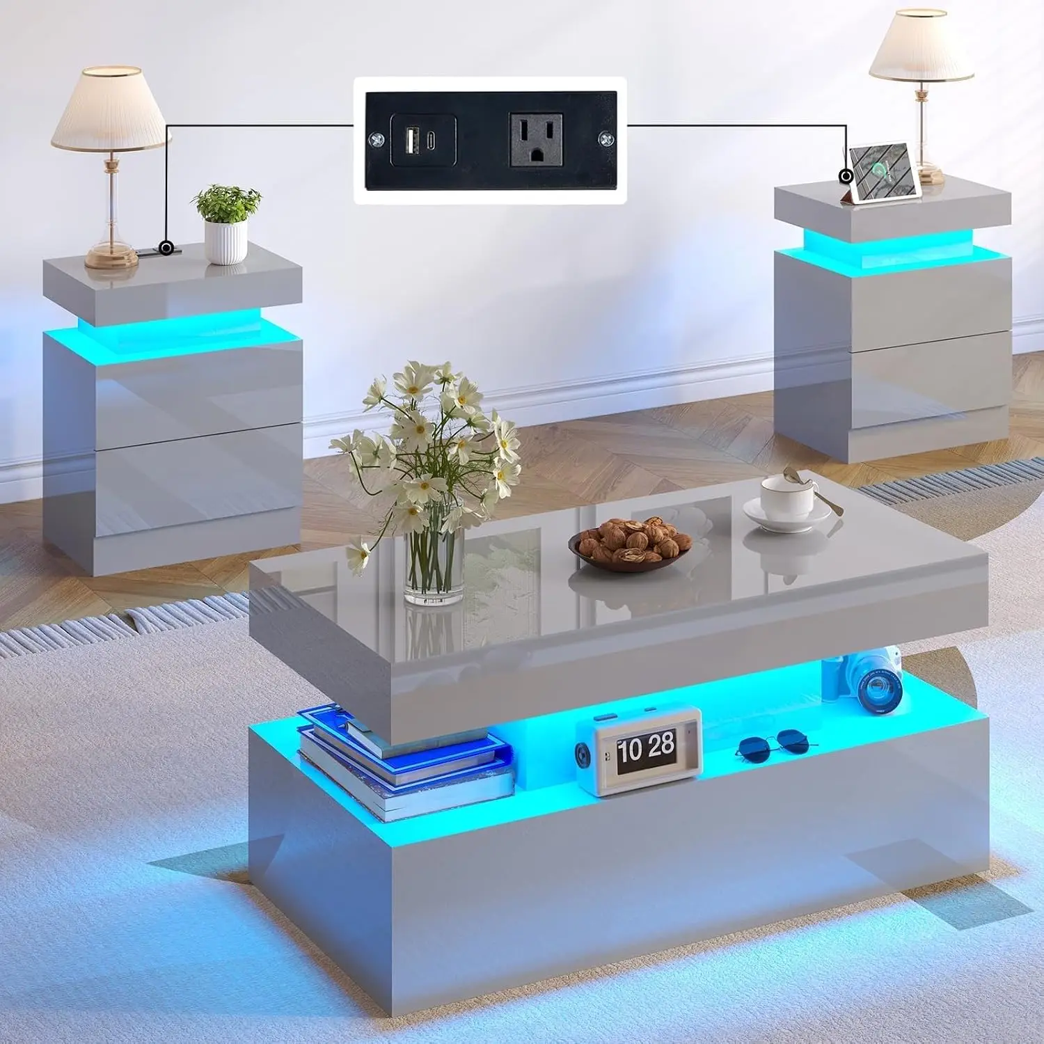 Modern 3-Piece Coffee Table Set with LED Lights for Living Room, Customized