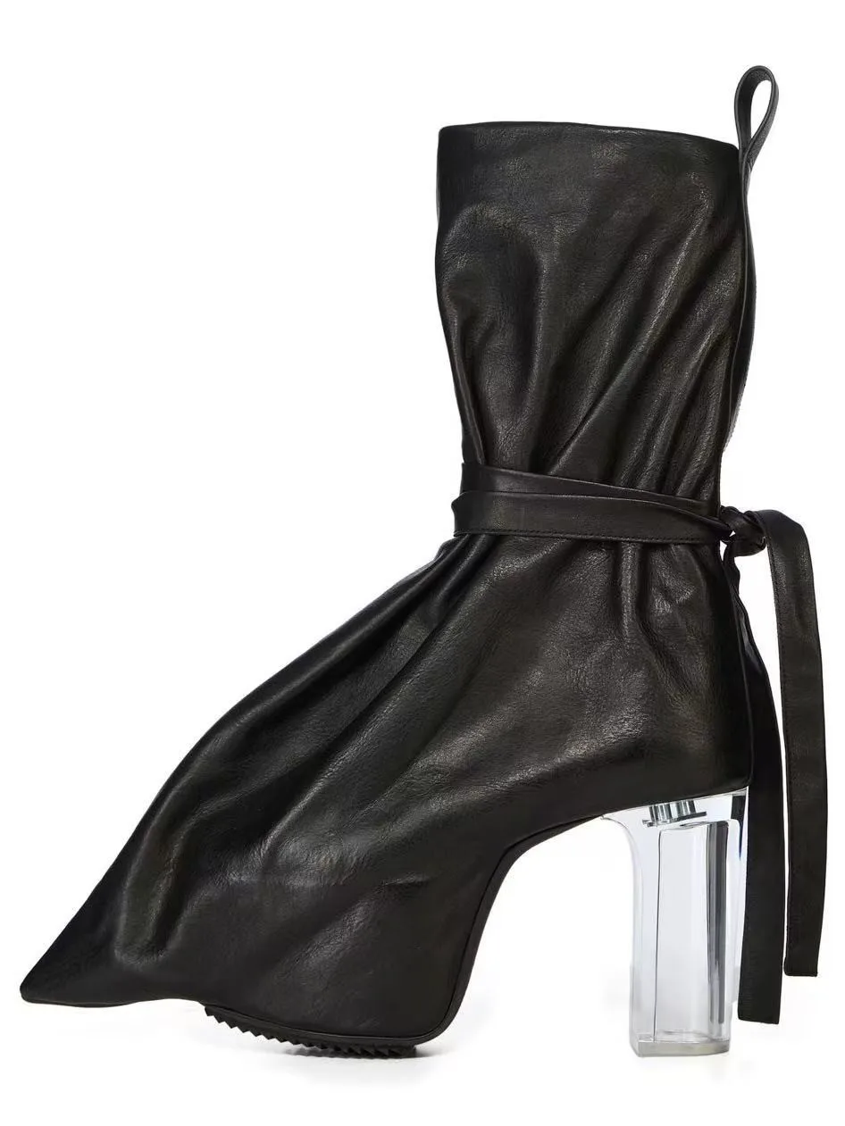 Retro-Stil, spezielle Zehenplattform, kniehohe Damenstiefel, transparente, klobige High Heels, Schnürdesign, große Schuhe
