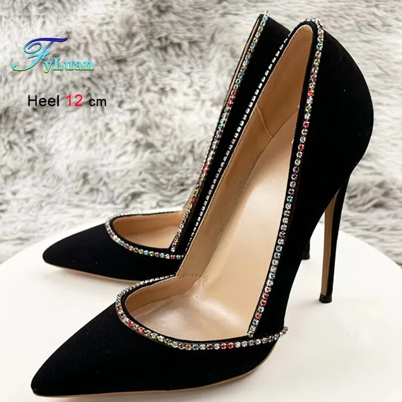 

2025 Black Thin High Heels 6cm 8cm 10cm 12cm Women Shoes Diamond Pointed Ladies Pumps Shallow Mouth Stiletto Dress Banquet Shoes