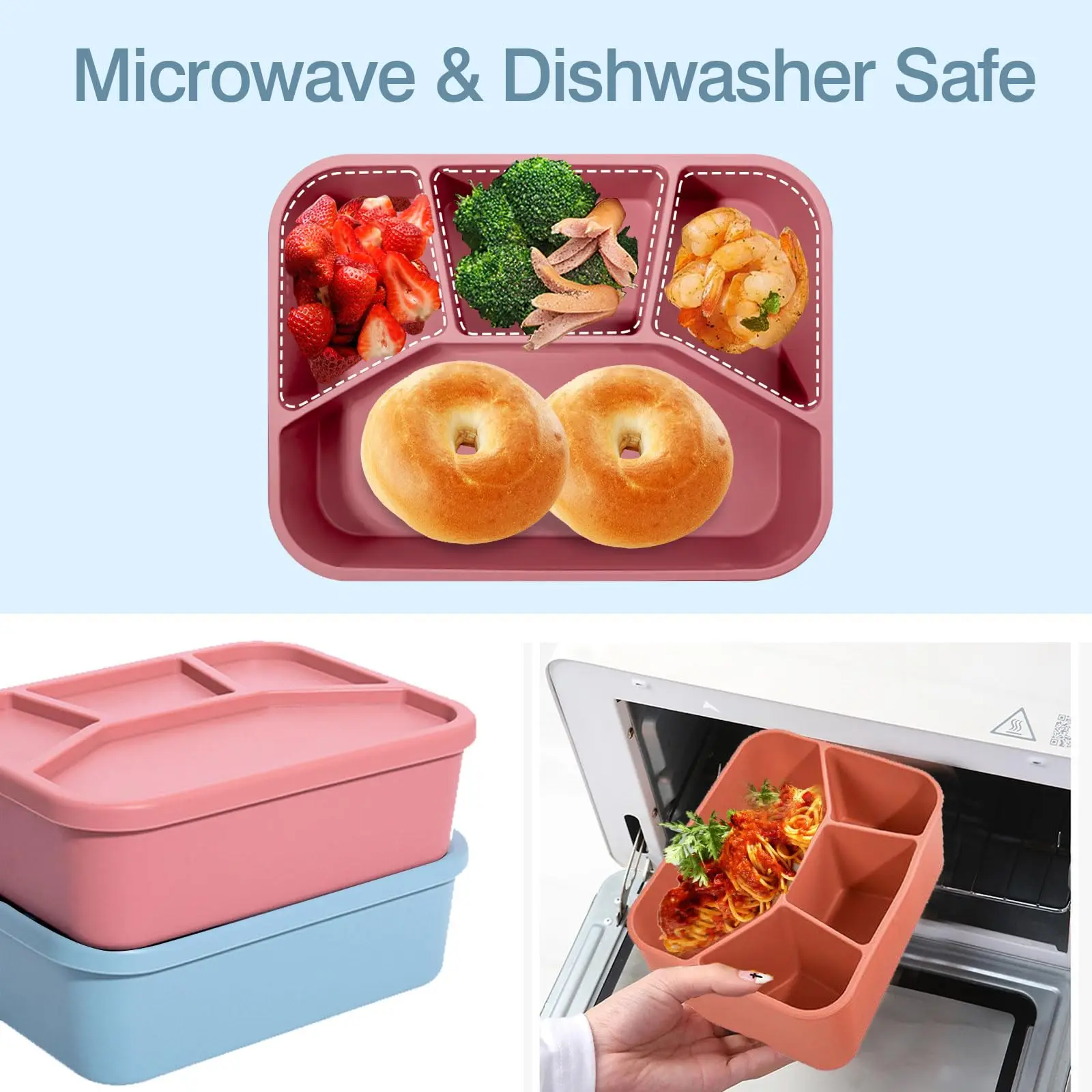 Silikon-Bento-Box, vier Fächer, wiederverwendbare Silikon-Lunchbox, verdickt und auslaufsicher, lebensmittelecht, unterteilter Lunchbehälter für unterwegs. – Detail 6