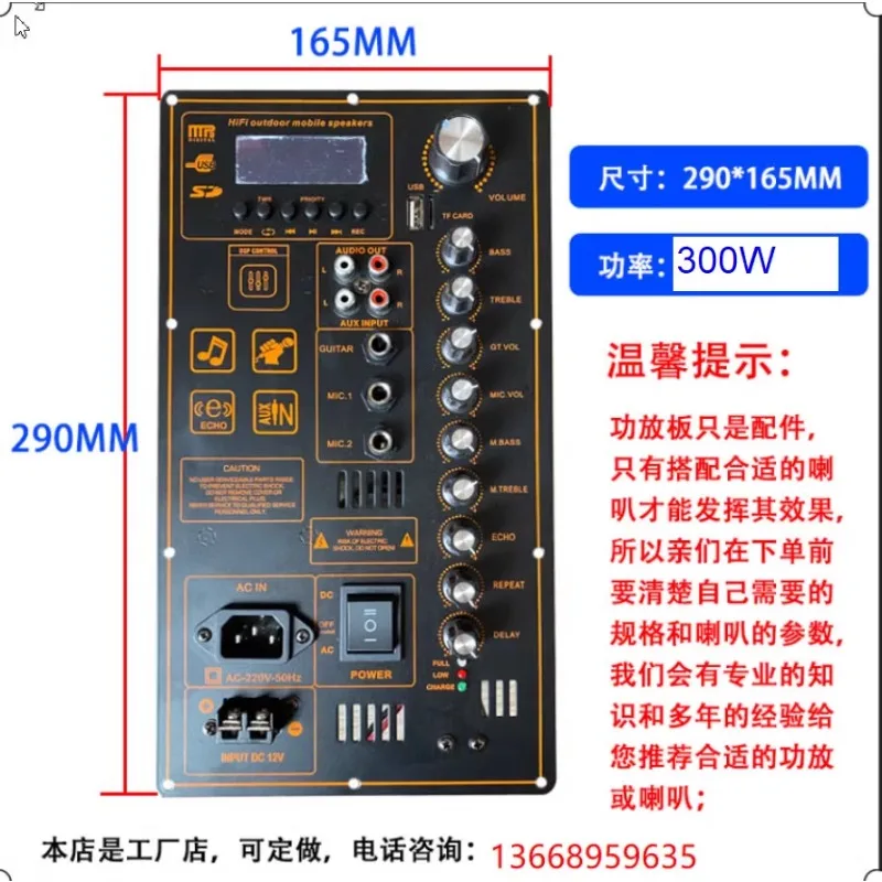 With DSP12V battery 220V high power 300W square dance Bluetooth power amplifier board portable tie rod mobile speaker